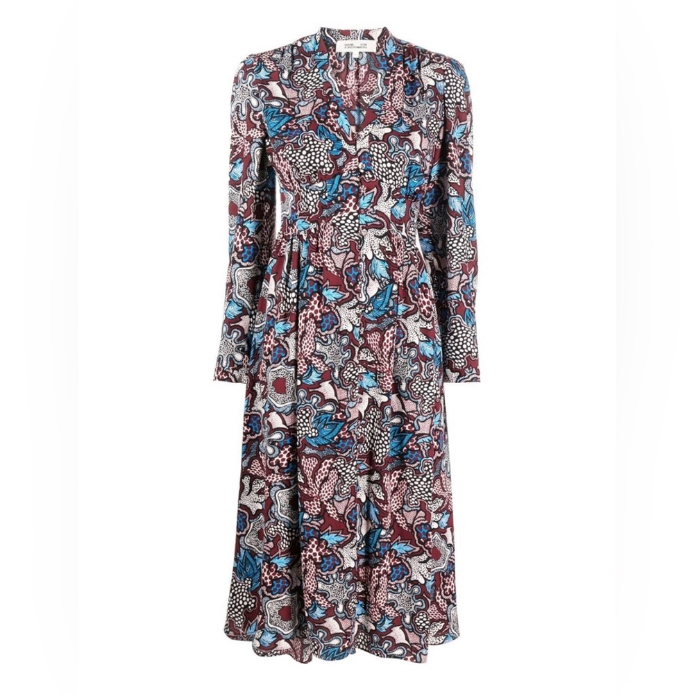 Diane Von Furstenberg Erica Long Sleeve Dress in Floral Patch Wine Pink NWT